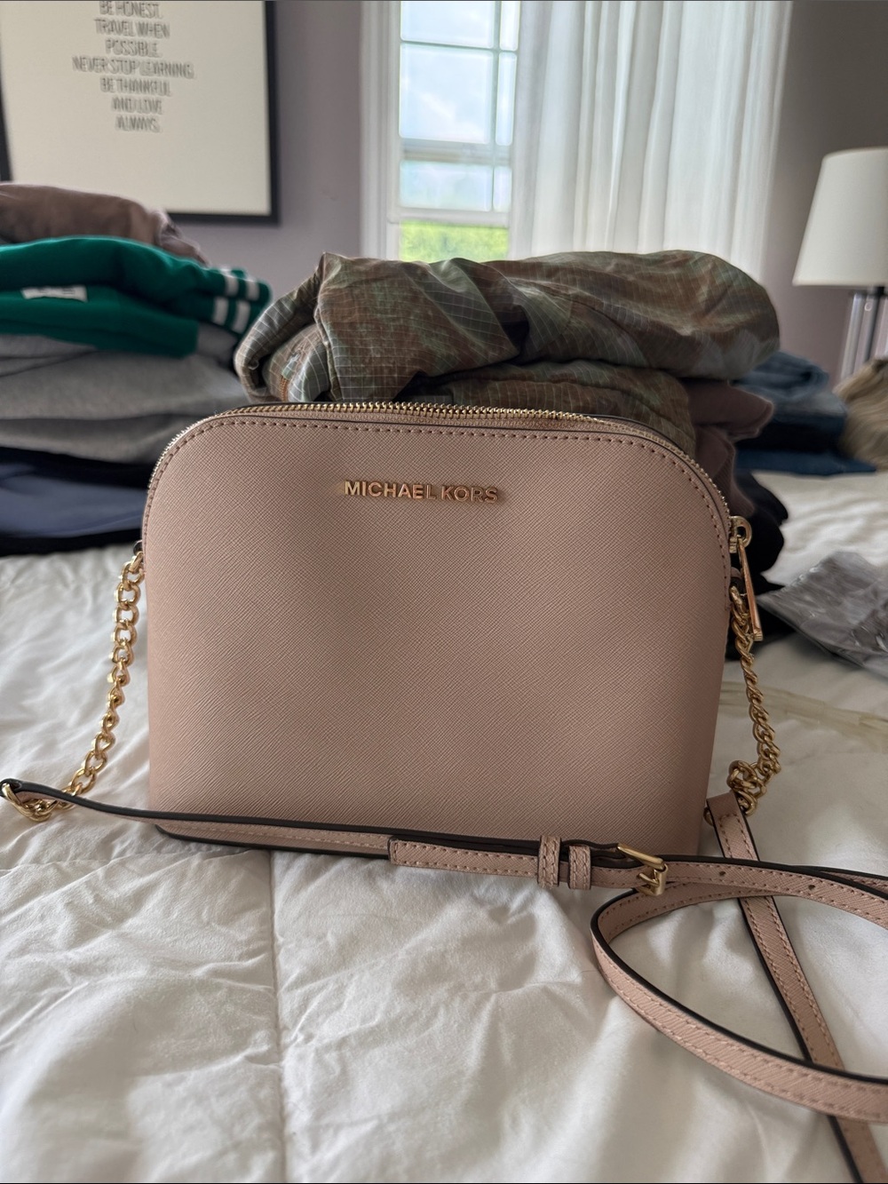 MICHAEL KORS Pink Saffiano Leather Dome Crossbody with Gold Chain